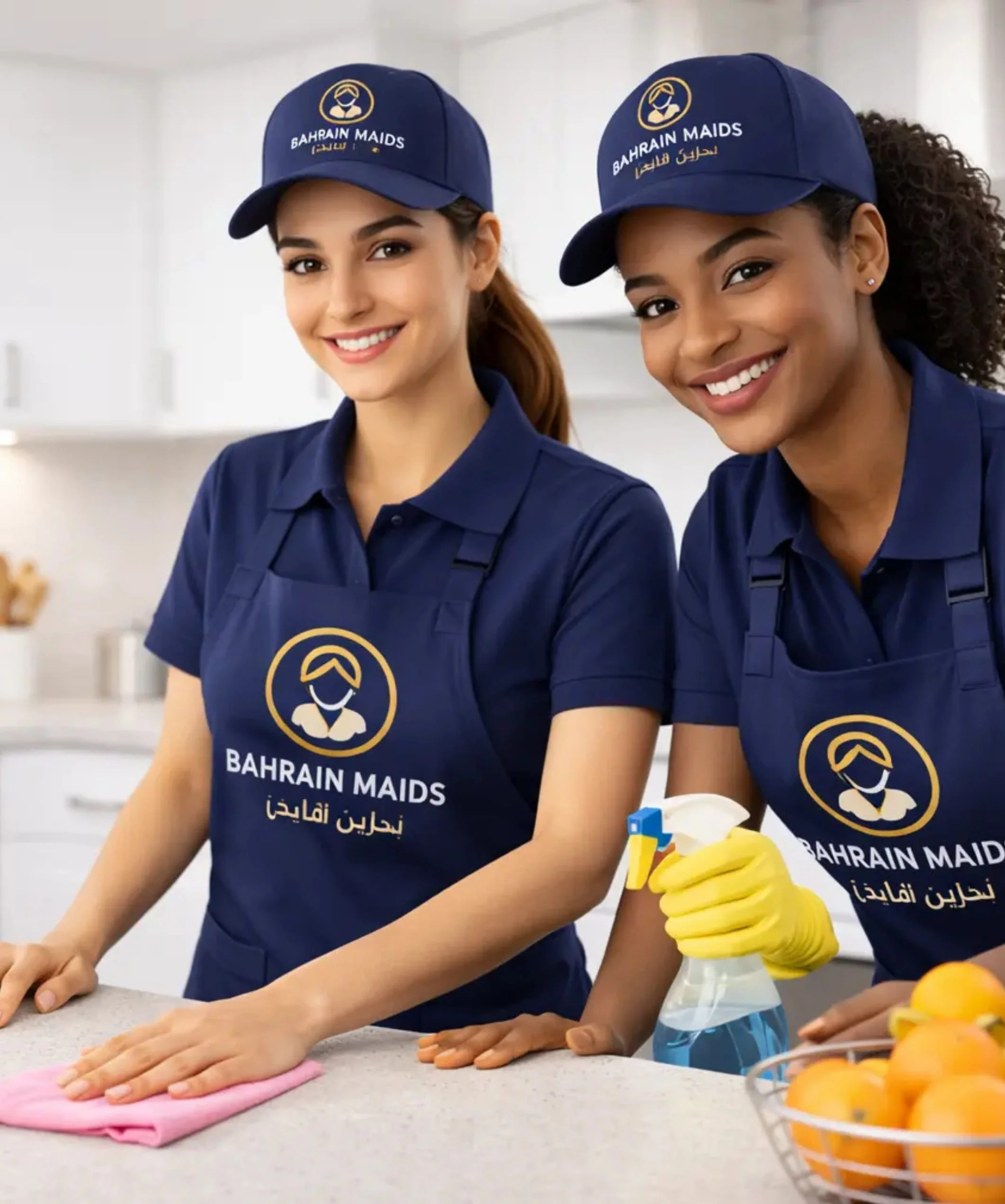 Home cleaning services in Bahrain by Bahrain Maids professional team cleaning kitchen countertop